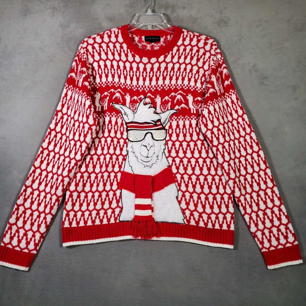 Blizzard Bay LLama Holiday Sweater Mens L Red Fair Isle Ugly Christams‎ Hip Hop
